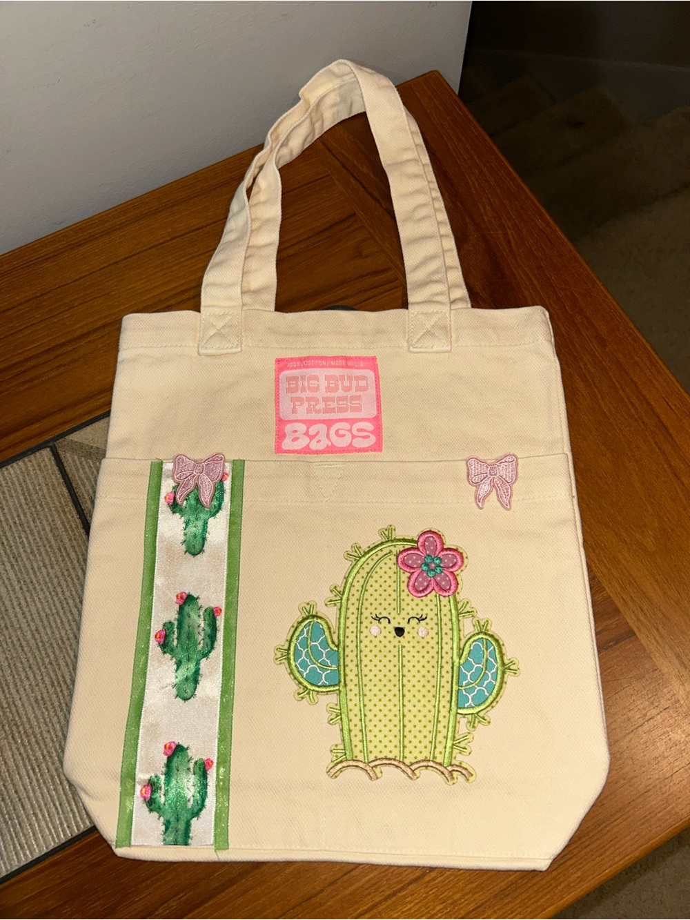 Big Bud Press Cream Canvas Tote with Green Cactus Applique and Pink Accents